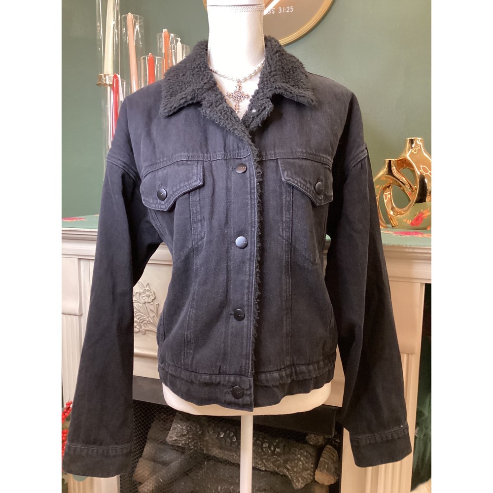 TGLA Black Denim Sherpa Lined Trucker Jacket Womens Size L